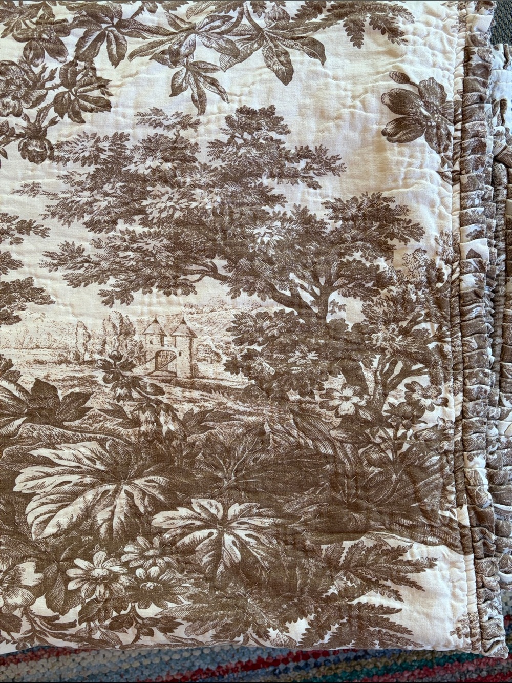Rare Pottery Barn Matine French Toile Quilt w/ Ruffle Pleated Edges Reversible